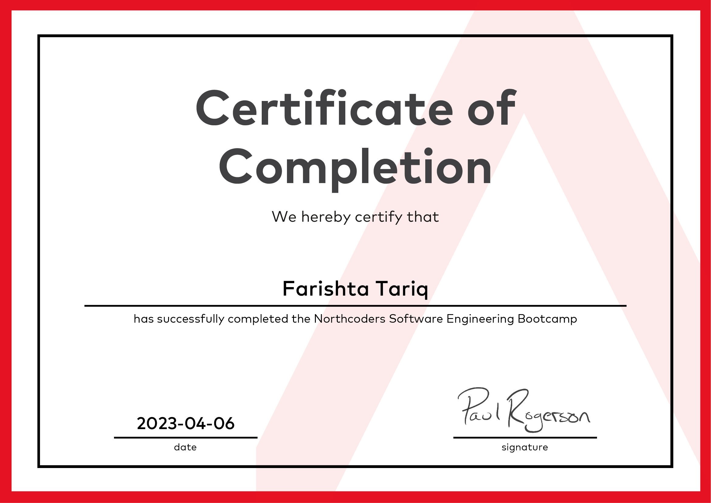 Signed Northcoders certificate